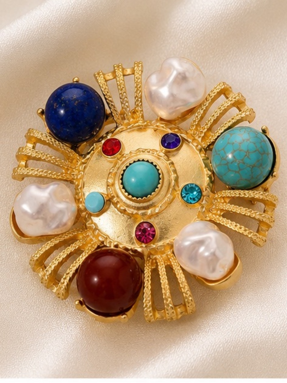 Luxe Gold Multi-Stone Floral Brooch with Turquoise, Lapis & Pearl Accents